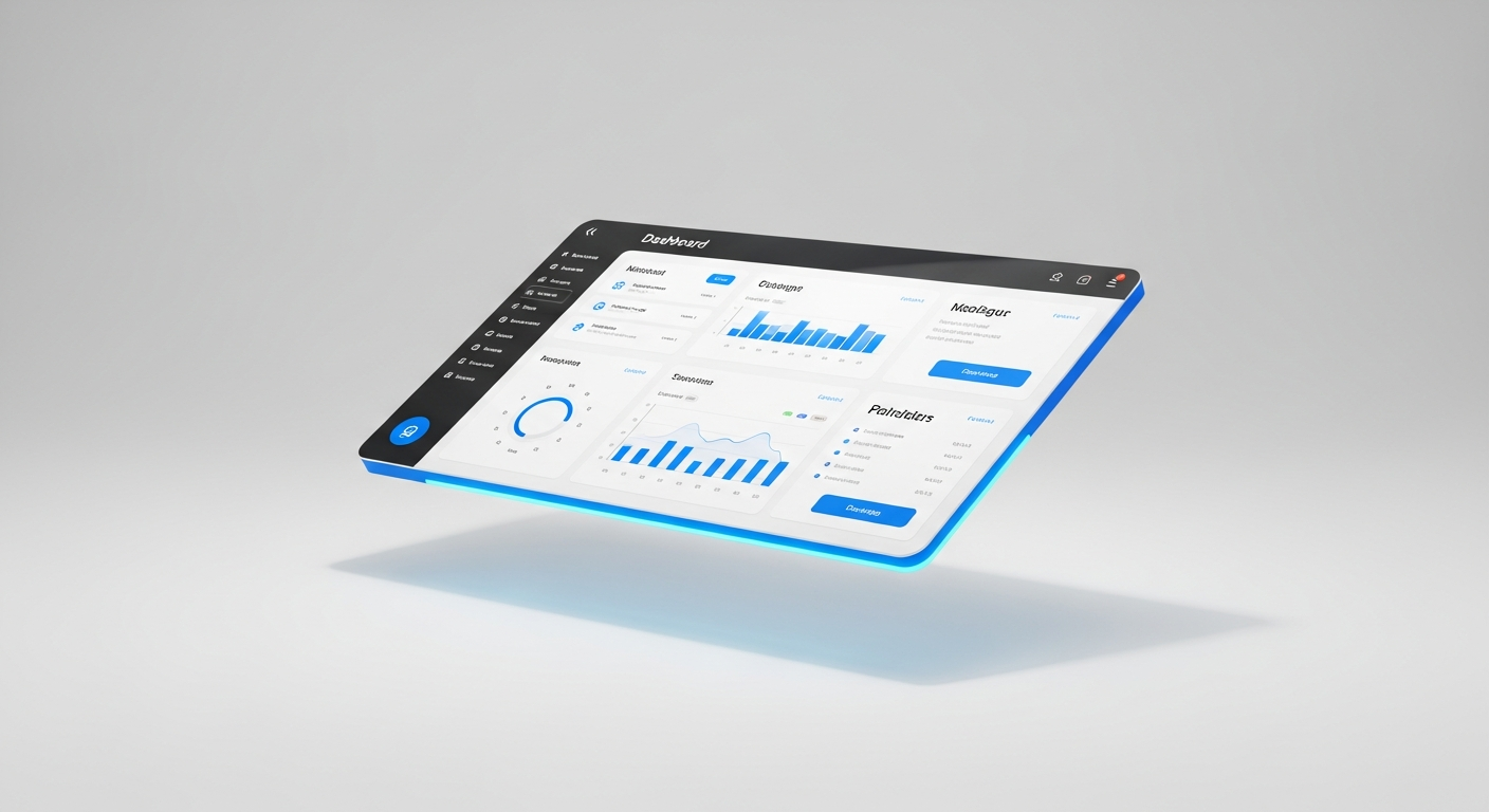 AI_IMAGE: A minimalist, high-fidelity UI dashboard floating in a pure white studio environment, showing data visualization and clean typography. Bright, airy, soft shadows, electric blue and cyan accents | 3d-render | landscape
