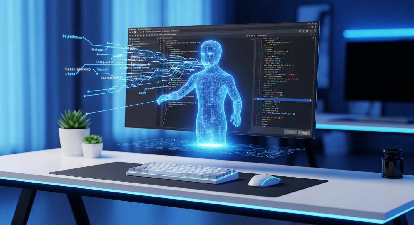 AI_IMAGE: A developer workspace showing an AI coding assistant with code suggestions in a dark IDE, floating above a bright white desk environment with blue accent lighting | digital-art | landscape