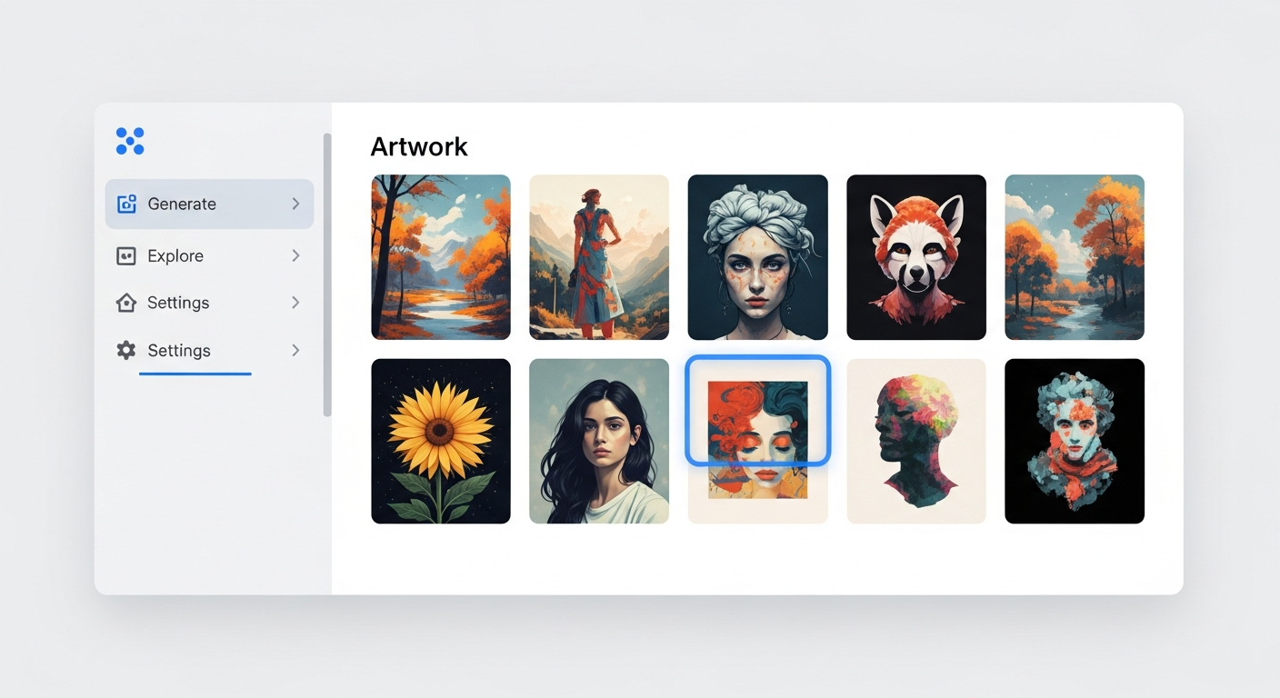 AI_IMAGE: An AI image generation tool interface showing a grid of generated artwork thumbnails, with a clean sidebar panel and blue accent highlights on a light background | digital-art | landscape