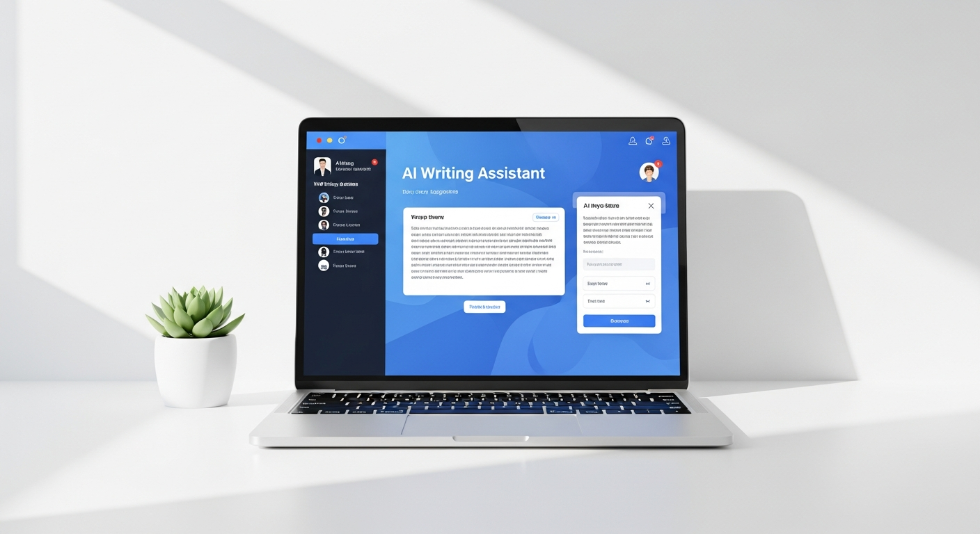 AI_IMAGE: A clean, modern workspace showing an AI writing assistant interface on a laptop screen, with crisp typography and a blue-tinted UI. Soft white background with subtle shadows | digital-art | landscape